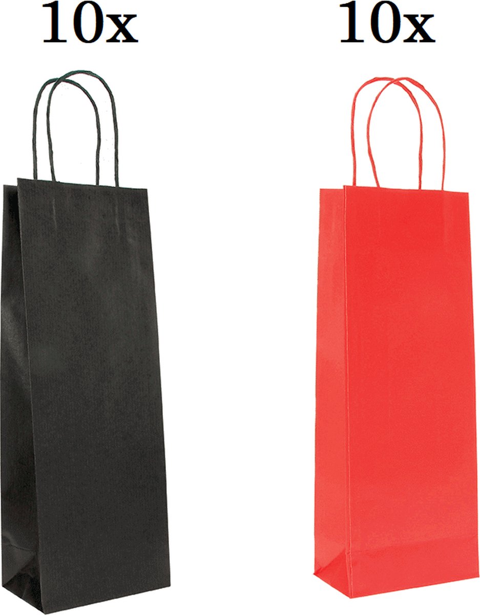 20 x Papieren Wijntas 14+8x39cm voor 1 Fles rood en zwart/Flestas papier / Cadeauverpakking /draagtas voor Fles/wijn / Fleszak · Fles zak / Kerst / Verjaardag