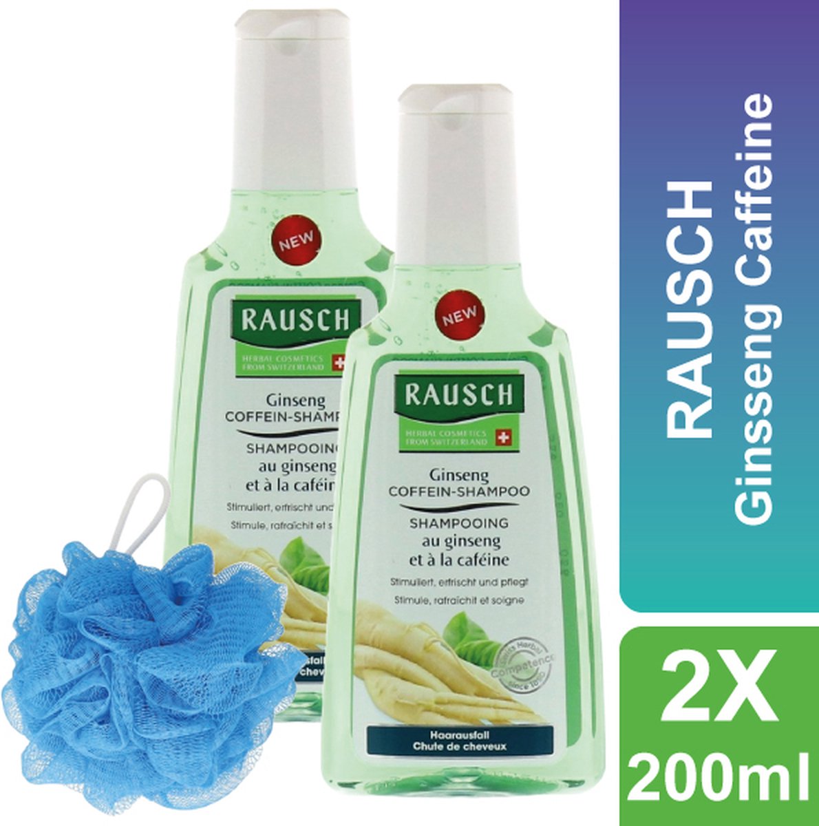 RAUSCH - Shampoo - Tegen Haaruitval - Inclusief Douche Puff - 2 x 200 ml - Cafeïneshampoo met Ginseng - Voordeelverpakking