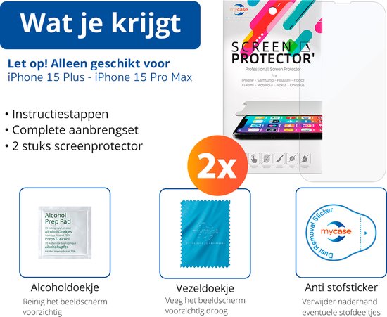 Verpakking van screenprotectors voor iPhone, Samsung en meer. Bevat "Instructiestappen", "Complete aanbrengset", "2 stuks screenprotector", "Alcool-doekje", "Vezeldoekje" en "Anti stofsticker".