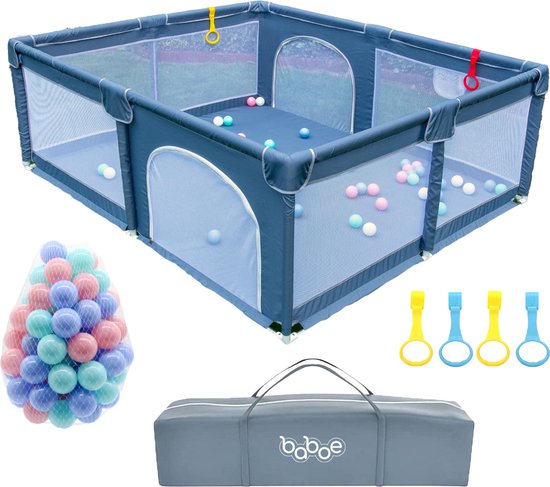 Grondbox Baby - Baby Box - Speelbox met 50x Oceaanballen en 4x Handringen - Kinderbox - Playpen - Kruipbox - 180x150cm - Grijs