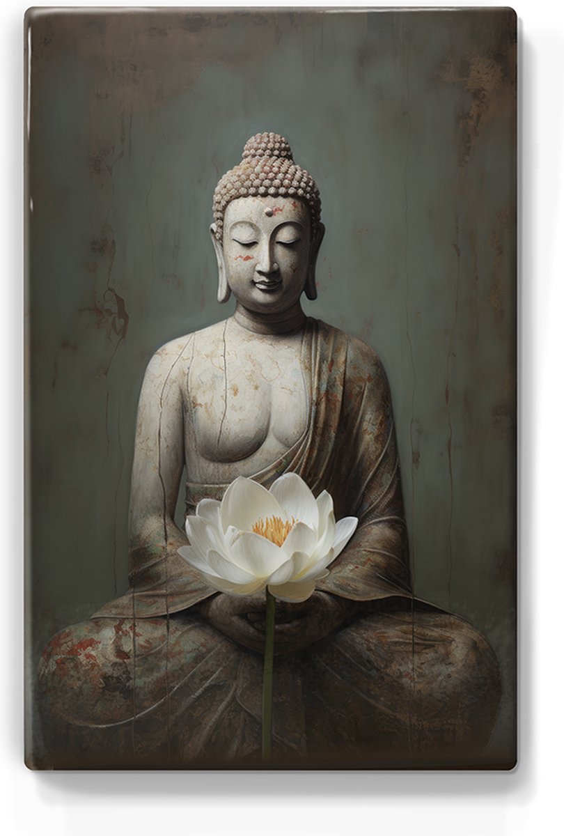 Boeddha met bloemen - Mini Laqueprint - 9,6 x 14,7 cm - Niet van echt te onderscheiden handgelakt schilderijtje op hout - Mooier dan een print op canvas. - LPS533