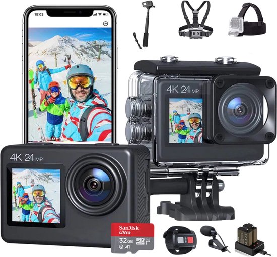 JC’s action camera 4K – touchscreen – 32GB SD – accessoires
