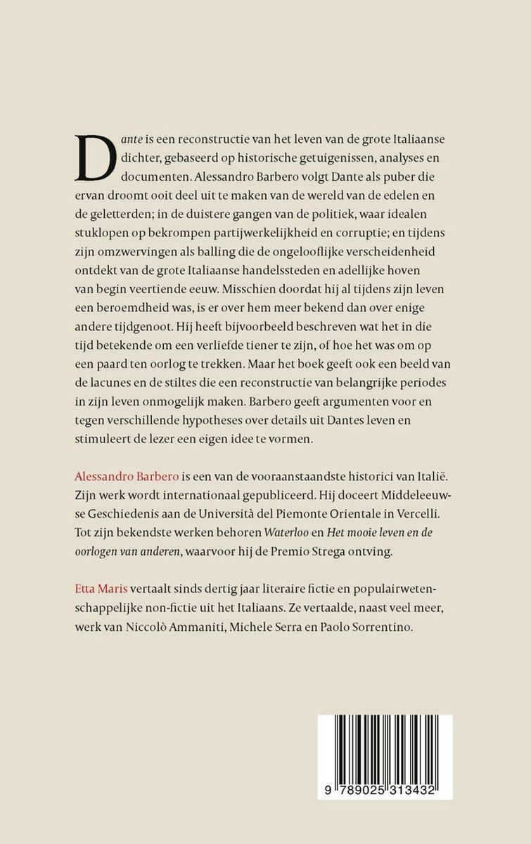 Boek van Alessandro Barbero over Dante. Illustraties van een lauwerkrans en een afbeelding van Dante met lauwerkrans.
