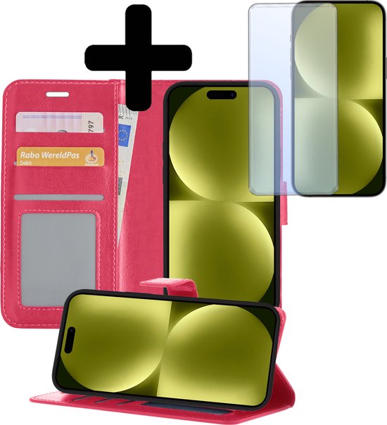 Étui portefeuille iPhone 15 avec protecteur d'écran - Étui Bookcase pour iPhone 15 - Rose foncé