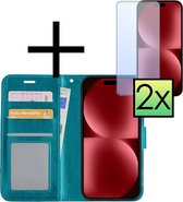 Hoes Geschikt voor iPhone 15 Pro Max Hoesje Book Case Hoes Flip Cover Wallet Bookcase Met 2x Screenprotector - Turquoise