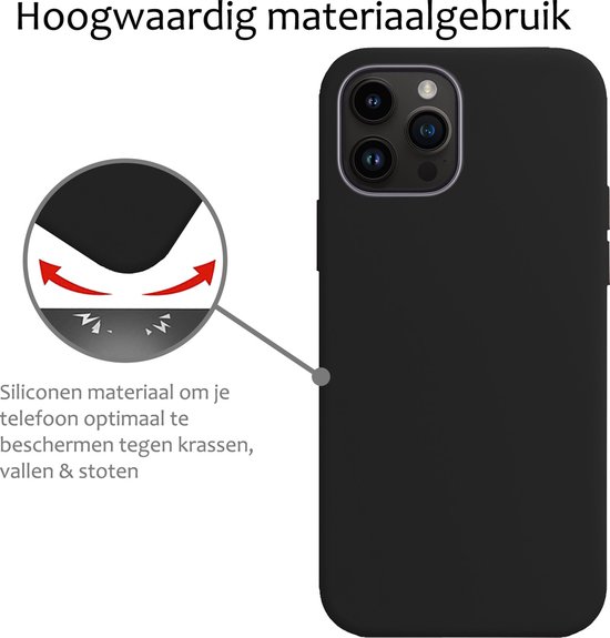Zwarte siliconen iPhone 15 Pro hoes, die beschermt tegen krassen, vallen en stoten.