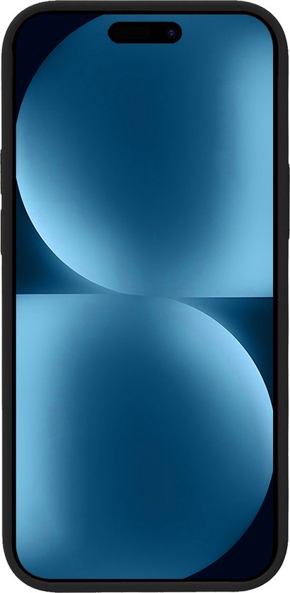 Zwarte iPhone 15 Pro hoes met blauw wallpaper.