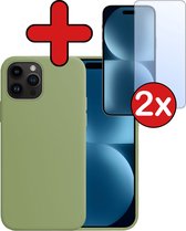 Hoesje Geschikt voor iPhone 15 Pro Hoesje Siliconen Case Hoes Met 2x Screenprotector - Hoes Geschikt voor iPhone 15 Pro Hoes Cover Case - Groen