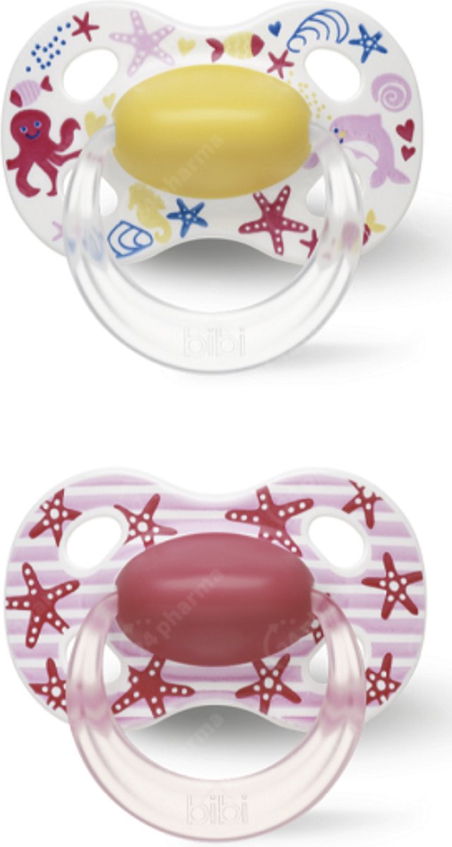 Goedkoopste Bibi Happiness Summer DUO Dental Fopspeen 0-6 maanden Roze - Geel - 2 stuks zeediertjes - Natuurlijke fopspenen