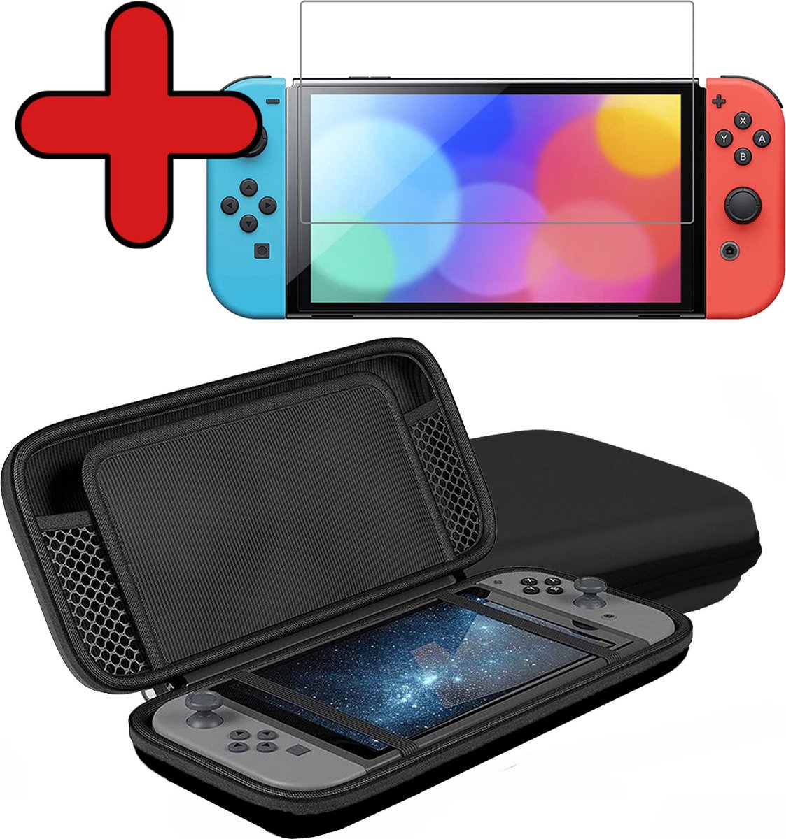 Hoes Geschikt voor Nintendo Switch OLED Case Hard Cover Bescherm Hoesje Koord Met Screenprotector - Case Geschikt voor Nintendo Switch OLED Hoes - Zwart
