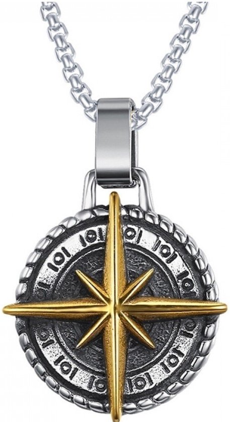 Sautoir homme long avec boussole Medaillon argent avec or