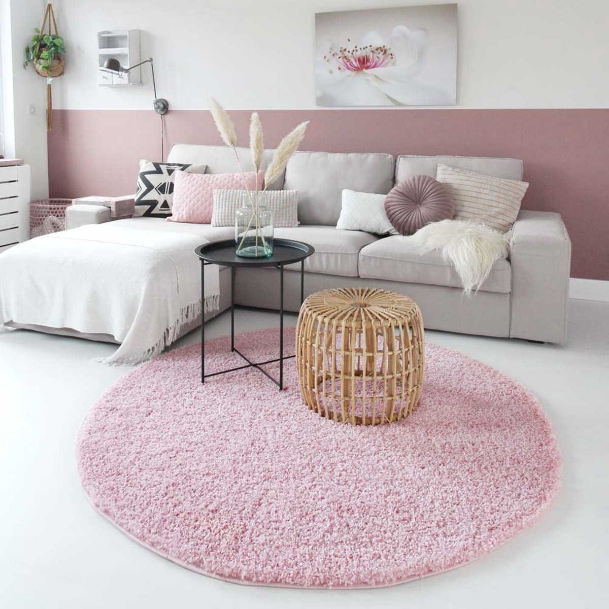 Hoogpolig vloerkleed shaggy Trend effen rond - lichtroze 160 cm