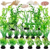 Aquariumplantendecoratie, 25 stuks aquariumdecoratie, groene plastic planten met natuurlijke zeeschelpen, aquariumplanten voor aquarium, klein tot groot