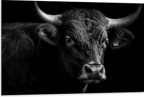 Dibond - Zwart stier staat voor zwarte achtergrond - 105x70 cm Foto op Aluminium (Met Ophangsysteem)