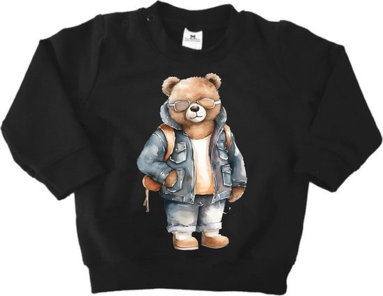 Sweater kind beer - Trui met print - Zwart - Stoere Sweater beer met rugzak - Maat 104