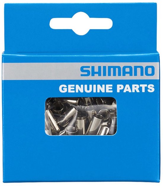 Blauw Shimano doosje voor fietsonderdelen met zichtbare kabelhoedjes.