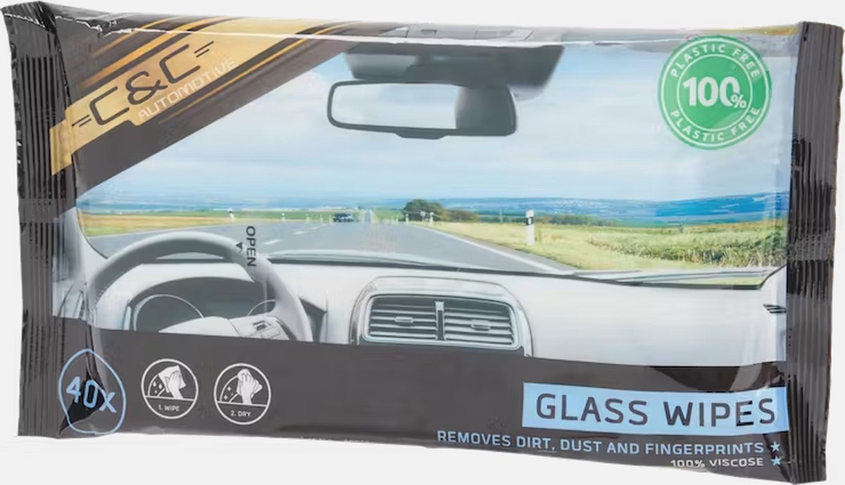 Lingettes nettoyantes pour vitres C&C, Pour dans la voiture, 40 lingettes