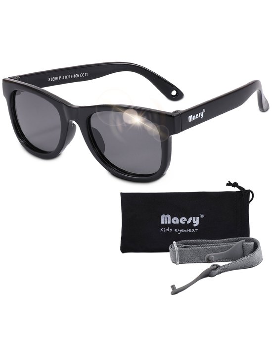 Maesy - baby zonnebril Indi - 0-2 jaar - flexibel buigbaar - verstelbaar elastiek - gepolariseerde UV400 bescherming - jongens en meisjes - babyzonnebril vierkant - zwart