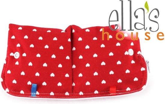 Ella's House moon pouch - tasje voor maandverband - rood met witte hartjes - onderweg - wetbag - wasbaar maandverband - wasbare inlegkruisjes