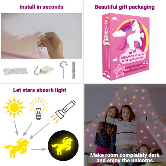 Roze Klamboe met Glow in the Dark Eenhoorns - Hemelbed voor Kinderkamer of Volwassenen - Eenhoorn Sluier, Hemeltje en Bedtent - Baby Muggennet Bedhemel Decoratie — afbeelding 2