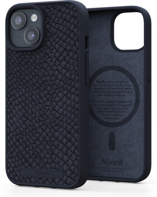 Njord Collections Zalm Leder Telefoonhoesje - Geschikt voor iPhone 15 - Gereycled / Duurzaam materiaal - 2 Meter valbescherming - Mag Compatible / Inclusief Magnetische Ring – Donkergrijs