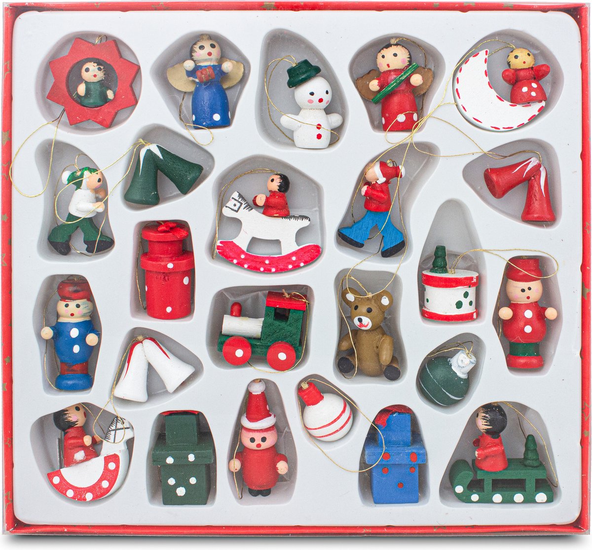 BRUBAKER 24-delige set kerstboomversieringen van hout, tot 4 cm grote figuren, handbeschilderd