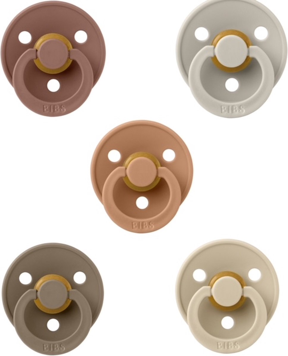 Goedkoopste Bibs fopspenen 0-6 maand set 5 stuks Dark Oak,Vanilla,Desert Sand,Woodchuck en Sand maat 1