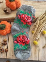 Chaussettes chaudes 100% laine Roses sur gris taille EU 40-42