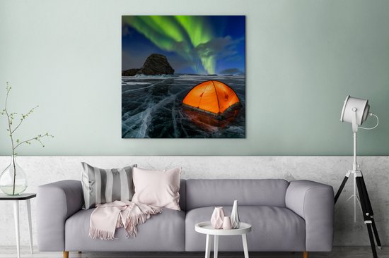 Tableau sur toile Aurores Boréales - Tente - Glace - Scandinavie - 90x90 cm - Décoration murale