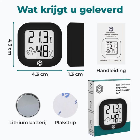 Ease Electronicz Hygrometer - Weerstation - Luchtvochtigheidsmeter - Thermometer Voor Binnen - Incl. Batterij en plakstrip