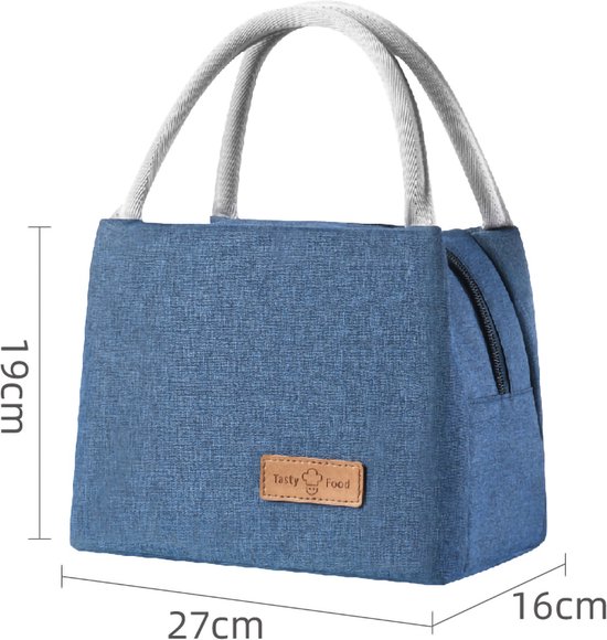 Blauwe lunchtas van 19x27x16cm met touwhandvatten en een bruin "Tasty Food" logo.