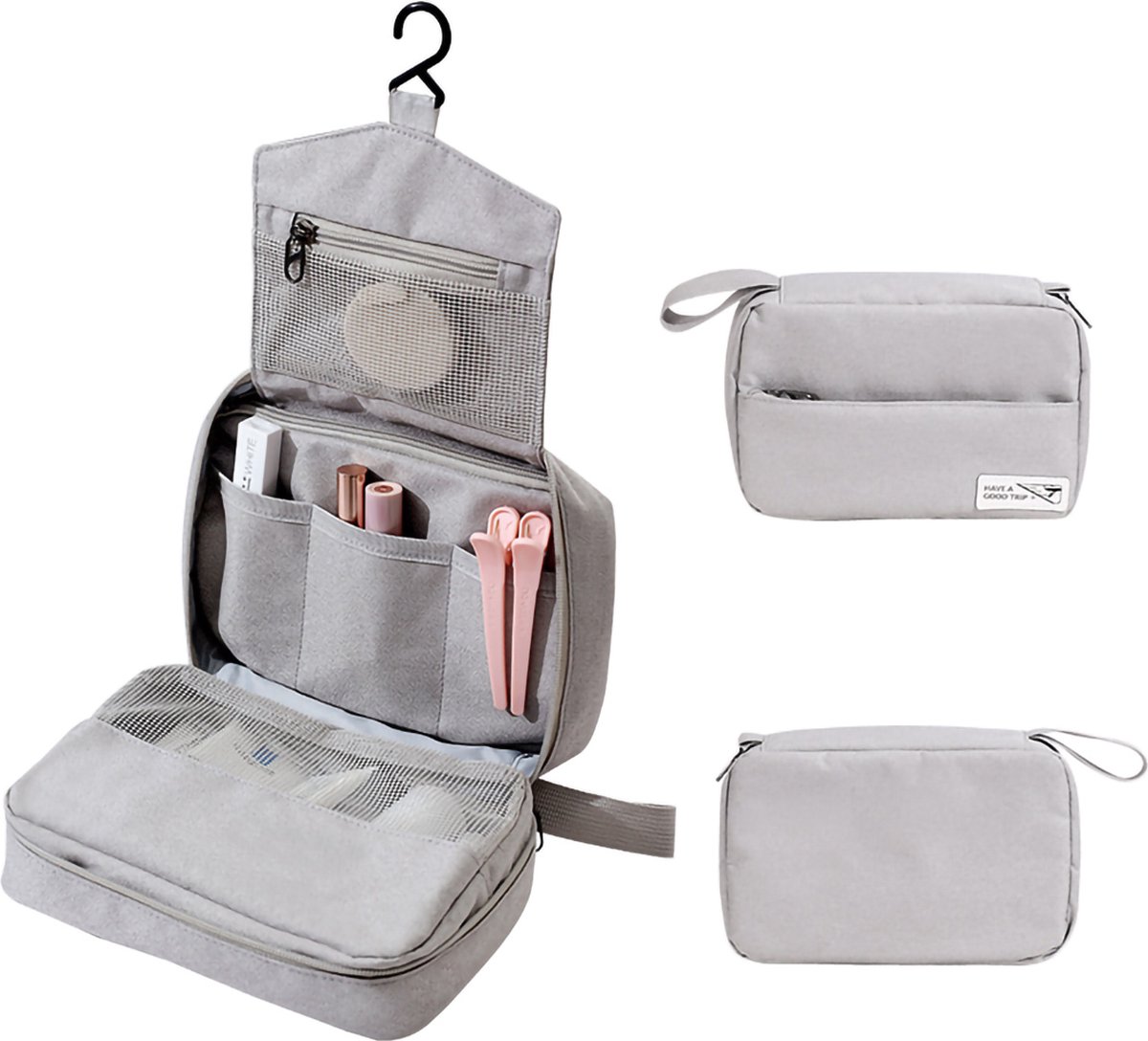 Rainbecom - Reis Toilettas Hangend met Haak - 14.5 x 22.5 x 8 cm - Lichtgrijs - 3 delen - Cosmetica Tas - Etui voor Toiletartikelen