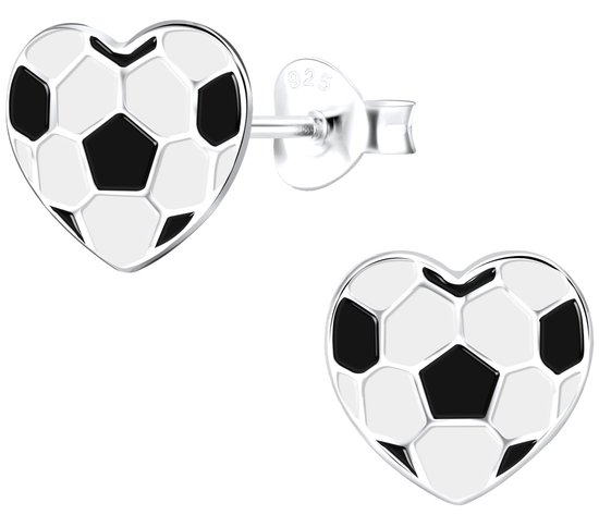 Joy|S - Zilveren hartje oorbellen - voetbal - wit - 9 mm