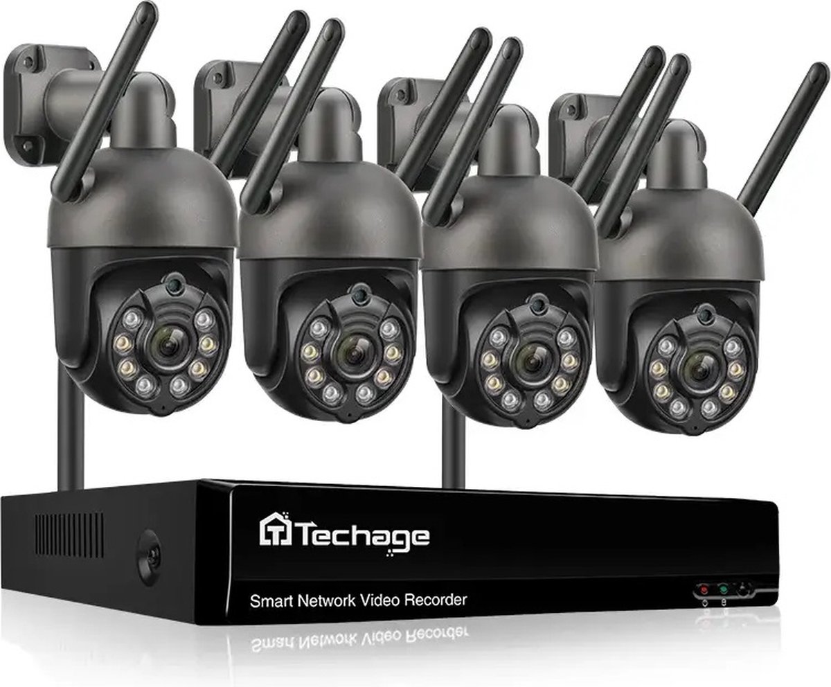 Techage Beveiligingscamera Set - 4 Camera's - Draadloos Verbinding - Camerabewakingssysteem - 3TB - Twee-weg audio - Grote Opslag