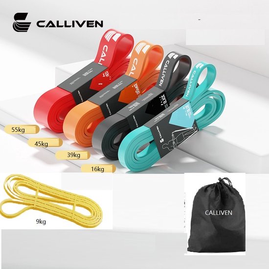 CALLIVEN-Premium Weerstandsbanden tot 164kg- Pull up/Resistance bands - Power bands - Set van 5 verschillende Weerstanden - Fitness Elastiek bandenset- Pull up Pack Crossfit - Inclusief draagtas