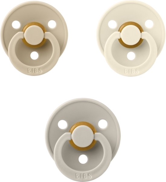 Drie BIBS fopspenen in de kleuren Ivory, Vanilla en Sand, maat 3.
