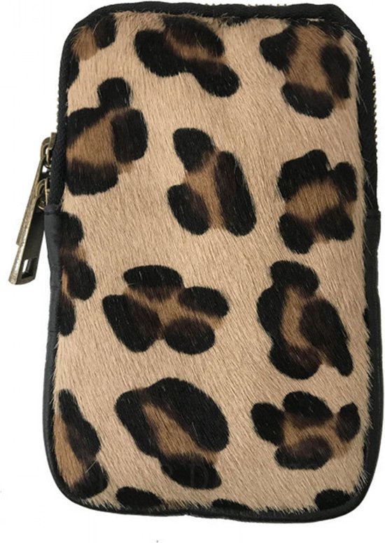 Sac bandoulière en cuir pour smartphone - grand imprimé léopard - sac téléphone avec imprimé - noir/marron - 10,5 x 16,5 cm - cuir véritable - STUDIO Ivana