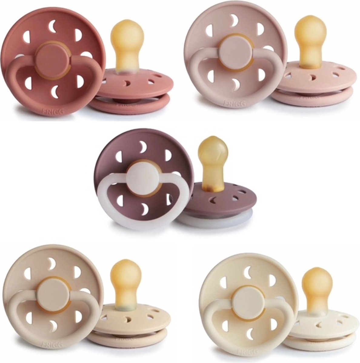 Goedkoopste Frigg Moon Fopspeen set 5 stuks Powder Blush,Blush,Twilight Mauve,Croissant en Cream 0-6 maand maat 1