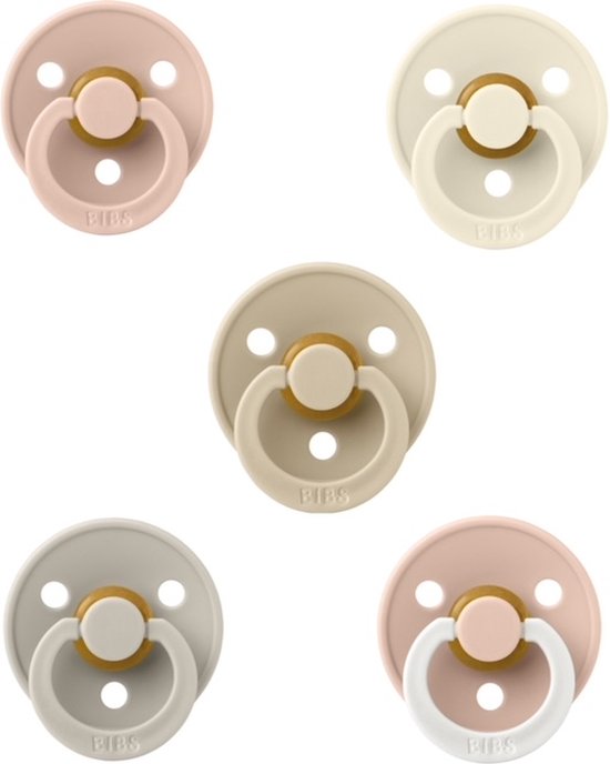 Vijf BIBS spenen in de kleuren Blush, Ivory, Vanilla, Sand en Night Glow. Maat 3.