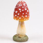 Deco huis/tuin beeldje paddenstoel - vliegenzwam - rood/wit - 7 x 18 cm - Herfst decoratie