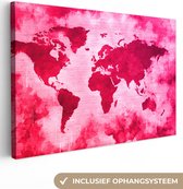 Canvas Wereldkaart - 30x20 - Wanddecoratie Wereldkaart - Rood - Roze