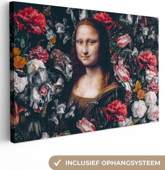 Canvas schilderij 150x100 cm - Wanddecoratie Mona Lisa - Da Vinci - Bloemen - Schilderij - Muurdecoratie woonkamer - Slaapkamer decoratie - Kamer accessoires - Schilderijen