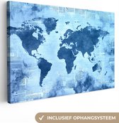 Canvas Wereldkaart - 30x20 - Wanddecoratie Wereldkaart - Blauw - Krant