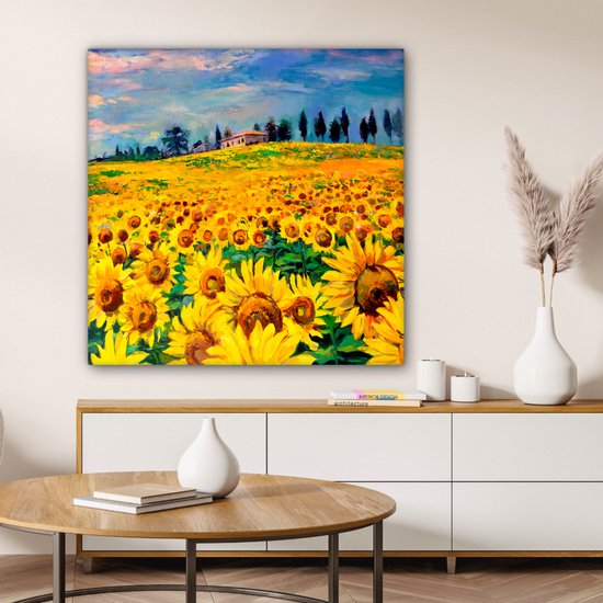 Peinture sur toile - Tournesol - Fleurs - Peinture à l'huile - Nature - Peintures sur toile - 90x90 cm - Toile nature - Décoration murale