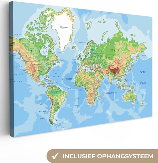 Canvas Schilderij Wereldkaart - Kleuren - Atlas - Aarde - Canvasdoek - 150x100 - Muurdecoratie