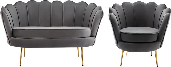 PASCAL MORABITO Set tweezitsbank en fauteuil van fluweel - Antraciet - DANDELION L 124 cm x H 78 cm x D 75 cm