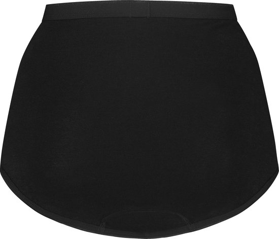 Zwarte, hoog getailleerde broek met elastische band.