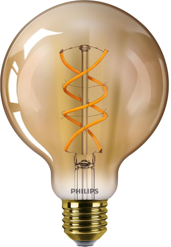 Gouden Philips Globe LED lamp met zichtbaar spiraalvormig filament, E27 fitting.