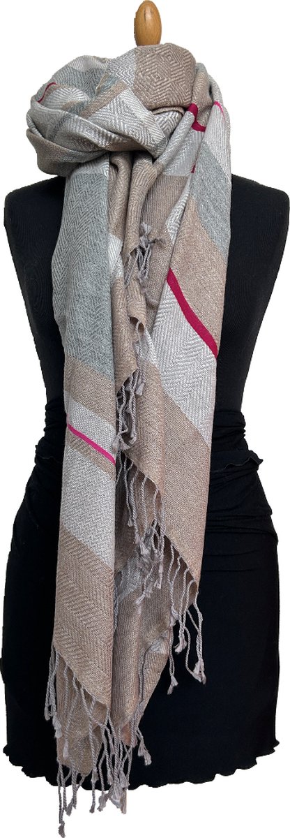 HIGHFIELD GEWEVEN SHAWL IN STREEP DESSIN. KLEUR OFFWHITE/ZAND/GRIJS MET FUCHSIA STREEPJE 100 X 200CM