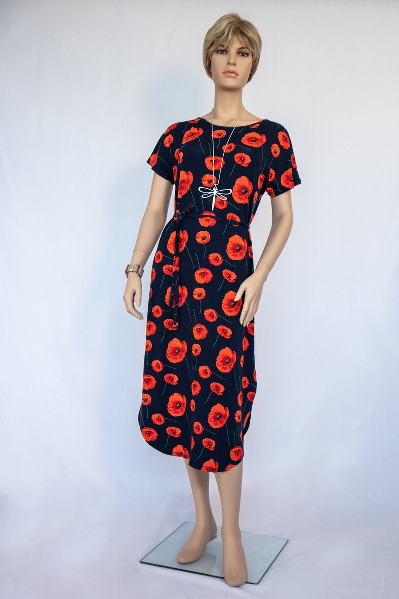 Rode papaverbloemen op donkerblauwe jurk met rug bandjes - XL/42